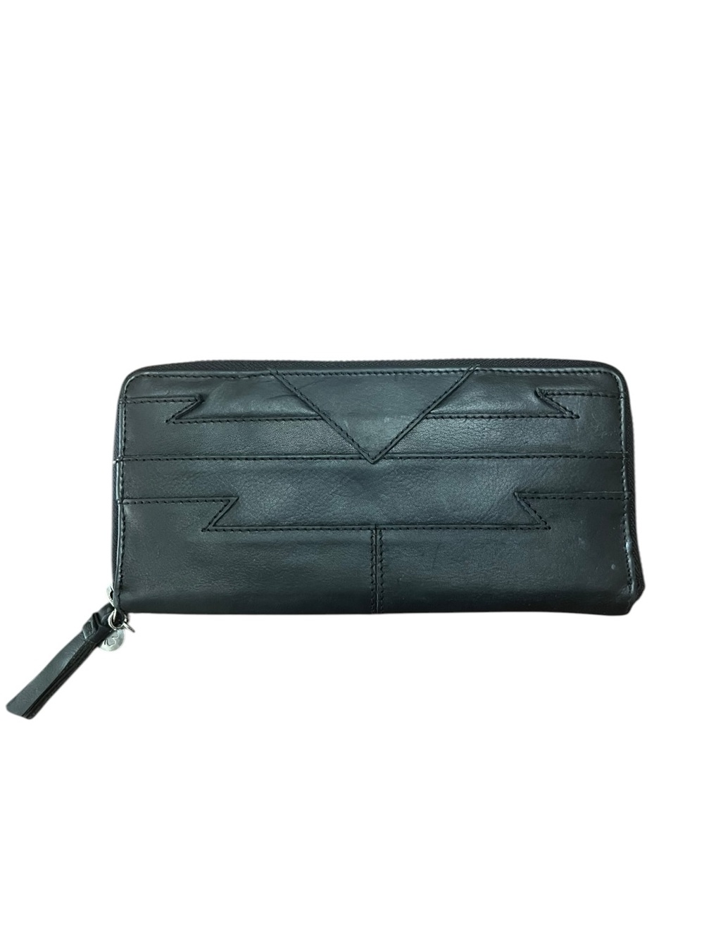 Lucky Brand Black Genuine Leather Zip Around Wallet Chevron Boho Organizer